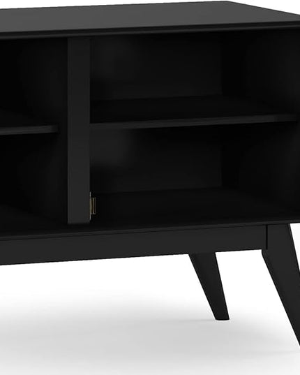 SIMPLIHOME Draper SOLID HARDWOOD 60 Inch Wide Mid Century Modern Low TV Media Stand in Black for TVs up to 65 Inches, For the Living Room and Entertainment Center - LeafyLoom