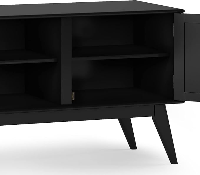 SIMPLIHOME Draper SOLID HARDWOOD 60 Inch Wide Mid Century Modern Low TV Media Stand in Black for TVs up to 65 Inches, For the Living Room and Entertainment Center - LeafyLoom
