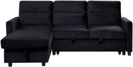 LOVMOR 83'' L-Shape Convertible Sleeper Sectional Sofa with Storage Chaise and Pull-Out Bed, Button Tufted Backrest, Velvet Reversible Corner 3 Person Couch, for Living Room, Apartment, Black, 83 Inch - LeafyLoom