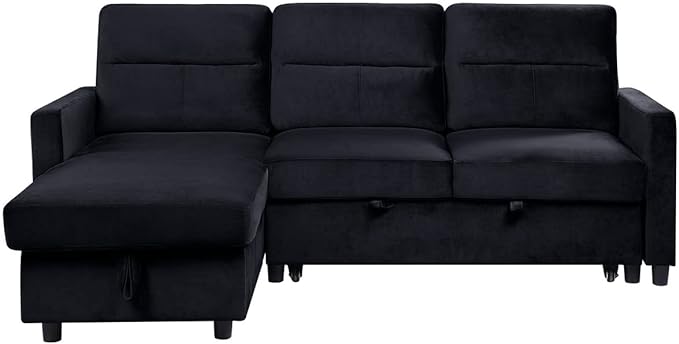 LOVMOR 83'' L-Shape Convertible Sleeper Sectional Sofa with Storage Chaise and Pull-Out Bed, Button Tufted Backrest, Velvet Reversible Corner 3 Person Couch, for Living Room, Apartment, Black, 83 Inch - LeafyLoom