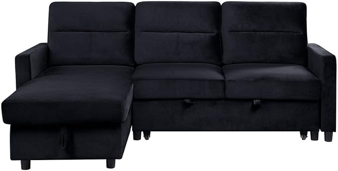 Reversible Velvet Sectional Sofa Sleeper with Storage Chaise and Side Pocket, Convertible Pull Out Couch Bed w/Cup Holder, USB Charging Port, Black, 81.5 - LeafyLoom