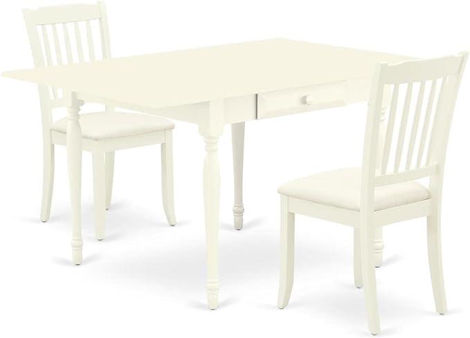 East West Furniture MZDA3-LWH-C Monza 3 Piece Room Set Contains a Rectangle Kitchen Table with Dropleaf and 2 Linen Fabric Upholstered Dining Chairs, 36x54 Inch - LeafyLoom