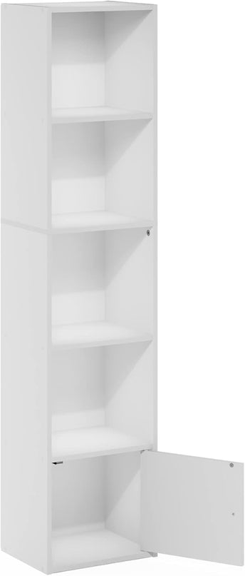Furinno Luder Shelf Bookcase with 1 Door Storage Cabinet, White, 5-Cube with Cabinet - LeafyLoom