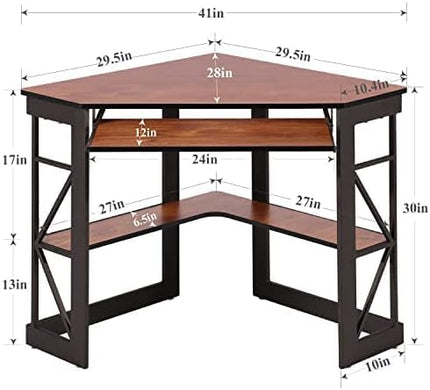 VECELO Corner Computer Desk Writing Smooth Keyboard Tray & Storage Shelves,Compact Home Office Triangle Table, Teak - LeafyLoom