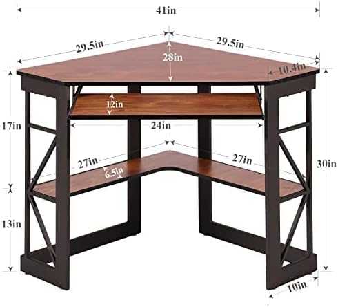 VECELO Corner Computer Desk Writing Smooth Keyboard Tray & Storage Shelves,Compact Home Office Triangle Table, Teak - LeafyLoom