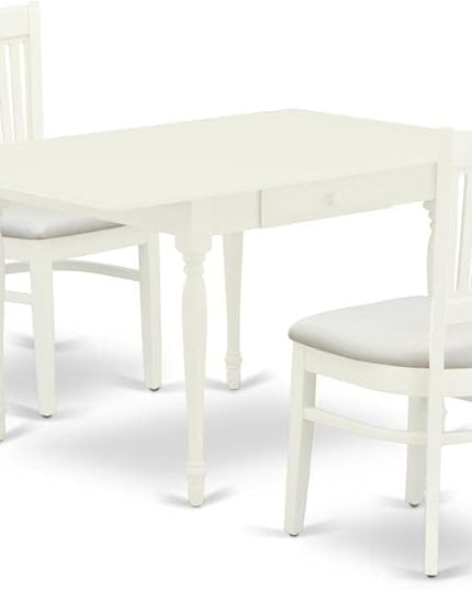 East West Furniture MZVA3-LWH-C Monza 3 Piece Kitchen Set Contains a Rectangle Dining Room Table with Dropleaf and 2 Linen Fabric Upholstered Chairs, 36x54 Inch - LeafyLoom