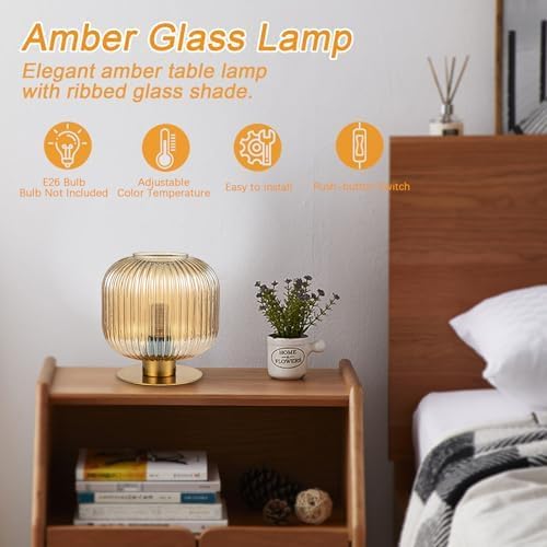 Plug in Table Lamp with Amber Glass Shade Mid Century Modern Lamps for Nightstand Modern Style Bedside Nightstand Lamp Reading Desk Light for Study Room Bedroom Living Room Office (Amber) - LeafyLoom