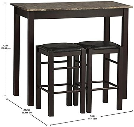 Linon Brown 3-Piece Table Faux Marble Tavern Set, 42" w x 22.25" d x 36" h - LeafyLoom
