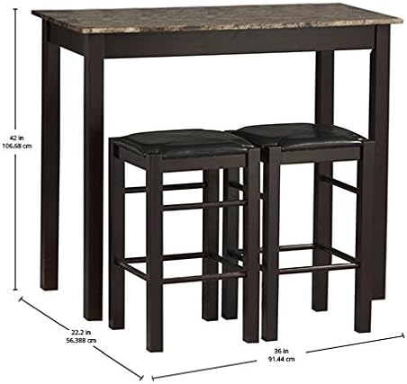 Linon Brown 3-Piece Table Faux Marble Tavern Set, 42" w x 22.25" d x 36" h - LeafyLoom