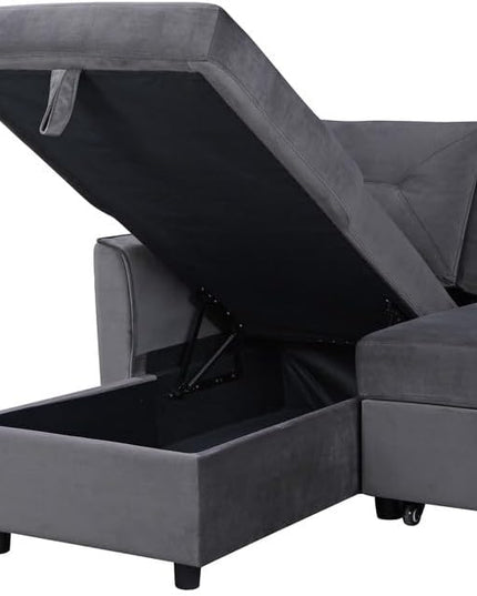 RITSU L Shape Convertible Sectional Sofa with Storage chaise and Pull out Bed, Upholstered Backrest, Velvet Reversible Corner 3 Seater couch for Living Room, Apartment, Dark Gray, 83inch - LeafyLoom