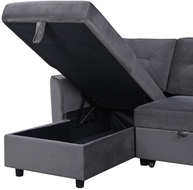 RITSU L Shape Convertible Sectional Sofa with Storage chaise and Pull out Bed, Upholstered Backrest, Velvet Reversible Corner 3 Seater couch for Living Room, Apartment, Dark Gray, 83inch - LeafyLoom