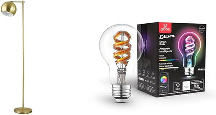 Globe Electric 12915 Molly 60" Gold Living Room Floor Lamp + 35850 Wi-Fi Smart 7W (40W Equivalent) Multicolor Changing RGB Tunable White Clear LED Light Bulb - LeafyLoom