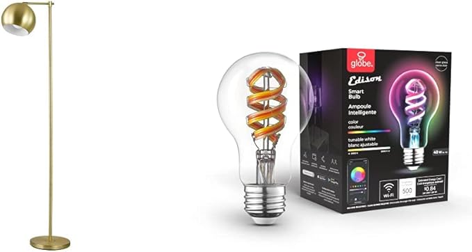 Globe Electric 12915 Molly 60" Gold Living Room Floor Lamp + 35850 Wi-Fi Smart 7W (40W Equivalent) Multicolor Changing RGB Tunable White Clear LED Light Bulb - LeafyLoom