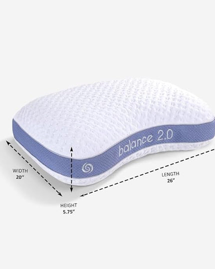 Bedgear Balance Cuddle Curve Performance Pillow - Size 2.0 - Moisture-Wicking Pillow for Side Sleepers - Medium Firmness Bed Pillow- Hypoallergenic, Washable Removable Cover - 20" W x 26" L x 5.75" H - LeafyLoom