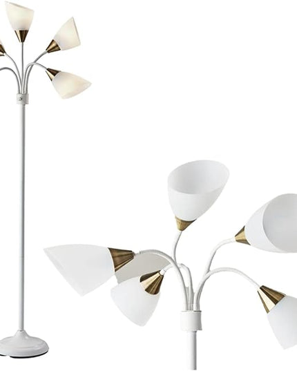 Adesso 7205-02 Multi-White Shade Floor Lamp, Adjustable Gooseneck Arms, White w. Antique Brass Accents - LeafyLoom