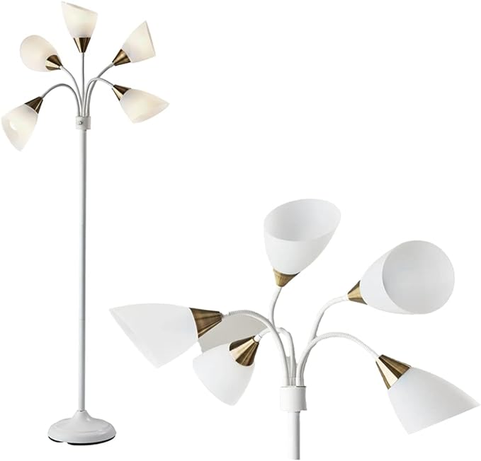 Adesso 7205-02 Multi-White Shade Floor Lamp, Adjustable Gooseneck Arms, White w. Antique Brass Accents - LeafyLoom