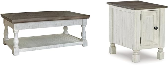 Ashley Havalance Lift Top Coffee Table with 2 Hidden Trays & Farmhouse Chair Side End Table, Gray & White - LeafyLoom