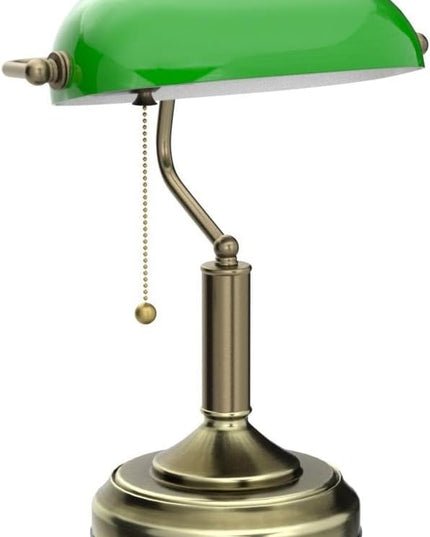 TORCHSTAR Green Glass Bankers Desk Lamp, UL Listed, Antique Desk Lamps with Brass Base, Traditional Library Lamp with Pull Chain, E26 Base, Vintage Desk Lamp for Office, Study Room - LeafyLoom