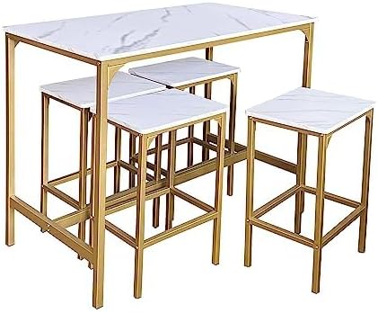 AT-VALY 5-Piece Bar Table Set with 4 Stools,Dining Room Table Set,Small Spaces (Gold & White) - LeafyLoom