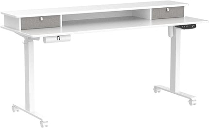 FEZIBO 60 x 24 Inch Height Adjustable Electric Standing Desk with Double Drawer, Stand Up Desk with Storage Shelf, Sit Stand Desk, White - LeafyLoom