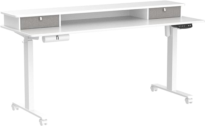 FEZIBO 60 x 24 Inch Height Adjustable Electric Standing Desk with Double Drawer, Stand Up Desk with Storage Shelf, Sit Stand Desk, White - LeafyLoom