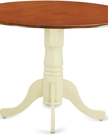 East West Furniture DLT-BMK-TP Dublin Modern Kitchen Table - a Round Dining Table Top with Dropleaf & Pedestal Base, 42x42 Inch, Buttermilk & Cherry - LeafyLoom