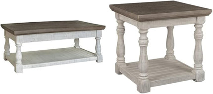 Signature Design by Ashley Havalance Farmhouse Lift Top Coffee Table, Gray & White with Weathered Finish & Havalance Farmhouse Square End Table - LeafyLoom