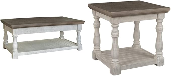 Signature Design by Ashley Havalance Farmhouse Lift Top Coffee Table, Gray & White with Weathered Finish & Havalance Farmhouse Square End Table - LeafyLoom