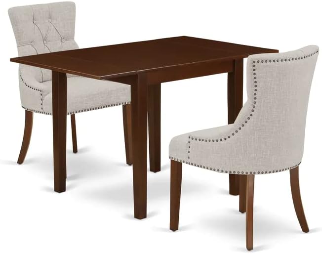 East West Furniture NDFR3-MAH-05 Norden 3 Piece Kitchen Set Contains a Rectangle Dining Room Table with Dropleaf and 2 Doeskin Linen Fabric Parsons Chairs, 30x48 Inch - LeafyLoom