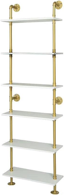 6 Tier Gold Bookshelf, White and Gold Shelves, Modern Shelves Shelf Bookcase Metal Mid Century Open Industrial Wall Mount Accents Decor Retail Shelving Vertical for Living Room - LeafyLoom