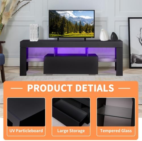LED TV Stand for Televisions up to 55 inches, Entertainment Center and Media Console with Storage Drawers and Glass Shelves for Living Room, Bedroom - LeafyLoom