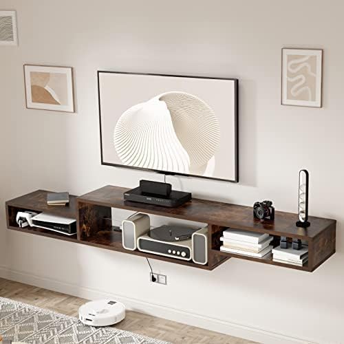 Floating TV Stand Wall Mounted with Power Outlet 70", Floating Entertainment Center, Wood Media Console Shelf for Under TV Storage for Living Room Bedroom Office - LeafyLoom