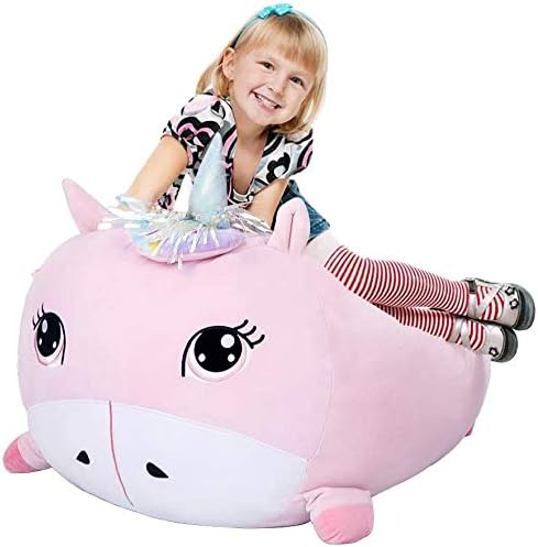 Girls Unicorn Bean Bag Chair Pink, Stuffed Animal Storage Organizer for Kids Room Decor, Extra Large Size, Velvet Super Soft Cover Only - LeafyLoom