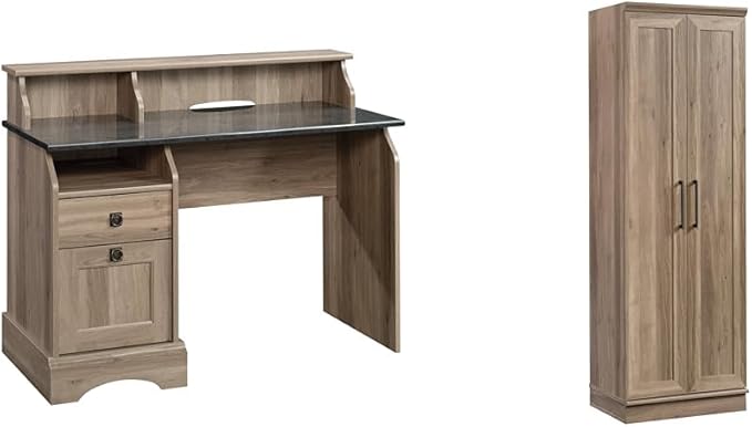 Sauder Graham Hill Desk and HomePlus Storage Cabinet Bundle, Salt Oak Finish - LeafyLoom