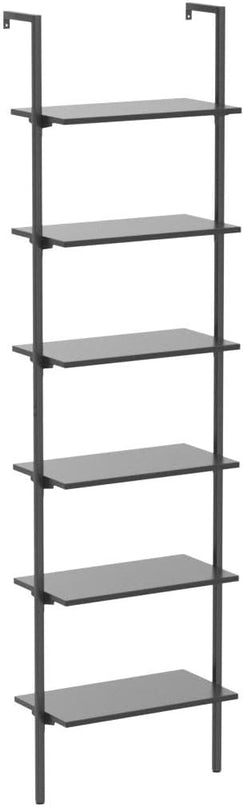 ODK 6-Tier Ladder Shelf, 87 Inches Wall Mounted Ladder Bookshelf with Metal Frame, Open Industrial Shelves for Home Office, Bedroom and Living Room, Black - LeafyLoom