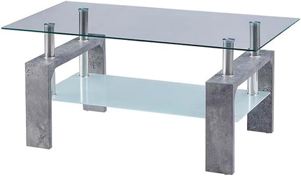 Living Room Rectangle Coffee Table, Tea Table Suitable for Waiting Room, Modern Side Coffee Table with Wooden Leg, Glass Tabletop with Lower Shelf,Grey Marble - LeafyLoom