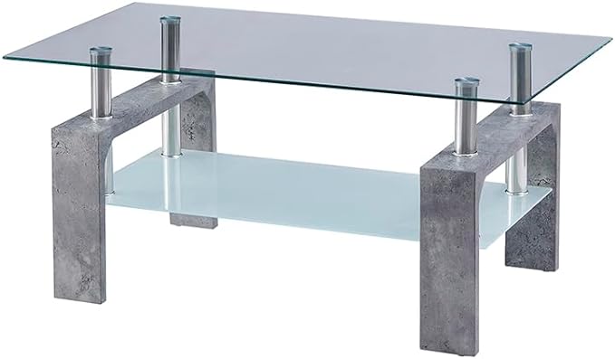 Living Room Rectangle Coffee Table, Tea Table Suitable for Waiting Room, Modern Side Coffee Table with Wooden Leg, Glass Tabletop with Lower Shelf,Grey Marble - LeafyLoom