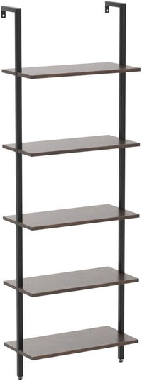 5 Tiers Ladder Shelf Brown Modern Bookshelf Open Tall Wall Mount Bookcase Standing Leaning Wall Shelves Industrial Decorative Living Room Bed Room - LeafyLoom