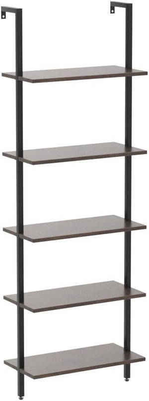 5 Tiers Ladder Shelf Brown Modern Bookshelf Open Tall Wall Mount Bookcase Standing Leaning Wall Shelves Industrial Decorative Living Room Bed Room - LeafyLoom