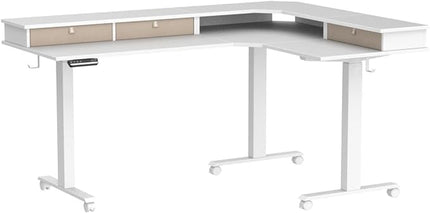 FEZIBO Triple Motor 63" L Shaped Standing Desk with 3 Drawers, Electric Standing Gaming Desk Adjustable Height, Corner Stand up Desk with Splice Board, White Frame/White Top - LeafyLoom
