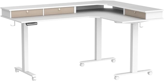 FEZIBO Triple Motor 63" L Shaped Standing Desk with 3 Drawers, Electric Standing Gaming Desk Adjustable Height, Corner Stand up Desk with Splice Board, White Frame/White Top - LeafyLoom