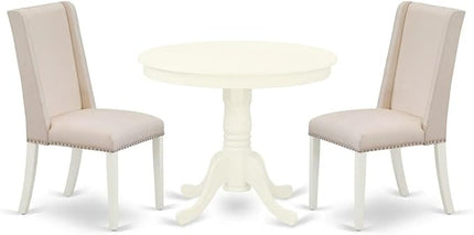 East West Furniture Antique 3 Piece Room Furniture Set Contains a Round Kitchen Table with Pedestal and 2 Cream Linen Fabric Parson Dining Chairs, 36x36 Inch, ANFL3-LWH-01 - LeafyLoom