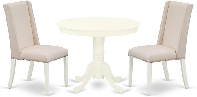 East West Furniture Antique 3 Piece Room Furniture Set Contains a Round Kitchen Table with Pedestal and 2 Cream Linen Fabric Parson Dining Chairs, 36x36 Inch, ANFL3-LWH-01 - LeafyLoom