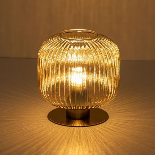 Plug in Table Lamp with Amber Glass Shade Mid Century Modern Lamps for Nightstand Modern Style Bedside Nightstand Lamp Reading Desk Light for Study Room Bedroom Living Room Office (Amber) - LeafyLoom