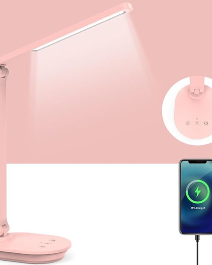 Pink Desk Lamp College Dorm Essentials for Girls, 3 Color Dimmable Reading Lamp, Battery Operated, USB Rechargeable Powered, Cordless, Portable, Cute LED Desk Lamps for Home Office, Bedrooms, Study - LeafyLoom