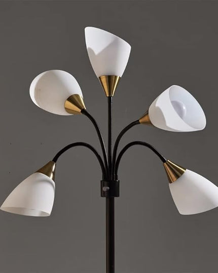 Adesso 7205-01 Multi-White Shade Floor Lamp, Adjustable Gooseneck Arms, Black w. Antique Brass Accents - LeafyLoom
