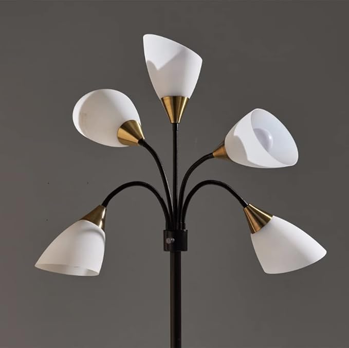 Adesso 7205-01 Multi-White Shade Floor Lamp, Adjustable Gooseneck Arms, Black w. Antique Brass Accents - LeafyLoom
