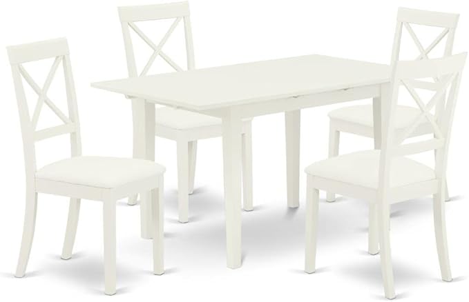 East West Furniture NOBO5-WHI-LC 5 Piece Modern Dining Set Includes a Rectangle Wooden Table with Butterfly Leaf and 4 Faux Leather Upholstered Chairs, 32x54 Inch - LeafyLoom