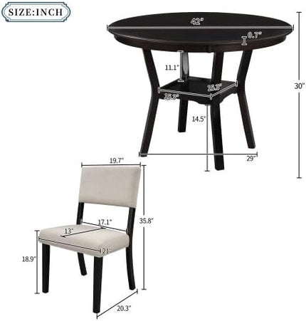 5 Piece, Indoor Modern Wood Set with Round Table, 4 Upholstered Chairs for Kitchen Dining Room, Espresso & Beige - LeafyLoom