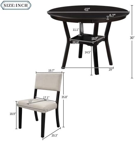 5 Piece, Indoor Modern Wood Set with Round Table, 4 Upholstered Chairs for Kitchen Dining Room, Espresso & Beige - LeafyLoom